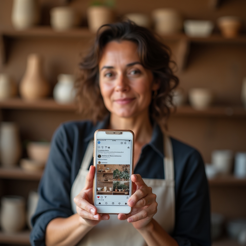 Smartphone con contenuti social per piccola impresa artigianale italiana